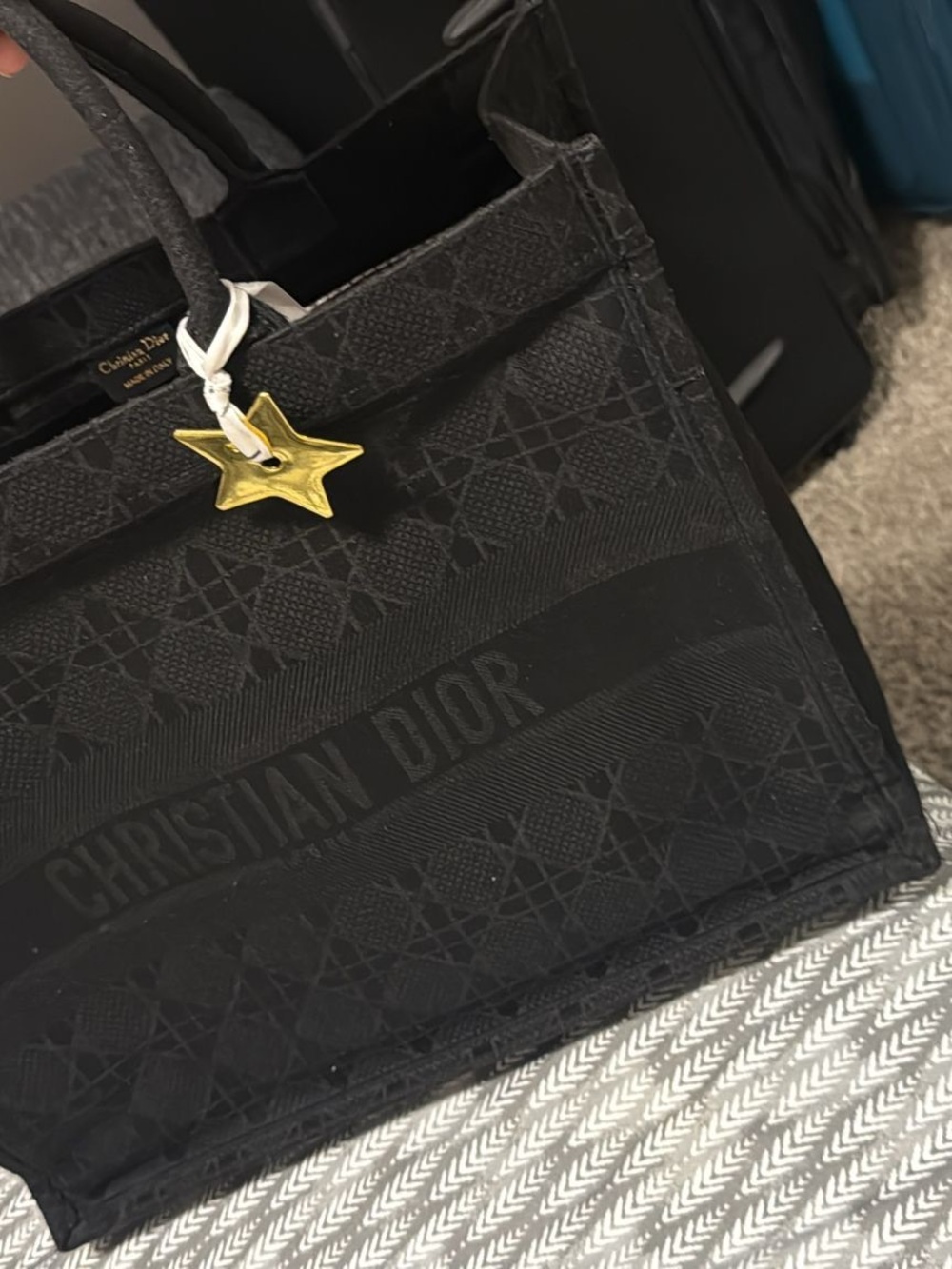 Dior Black Embroidered Book Tote with Gold Star Charm